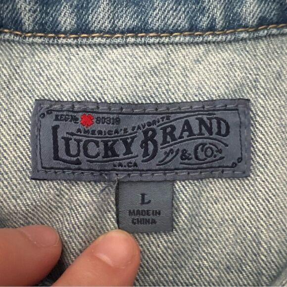 Lucky Brand Womens Jean Dress Large Drawstring Button Up Fray Hem Short Sleeve - Picture 9 of 13